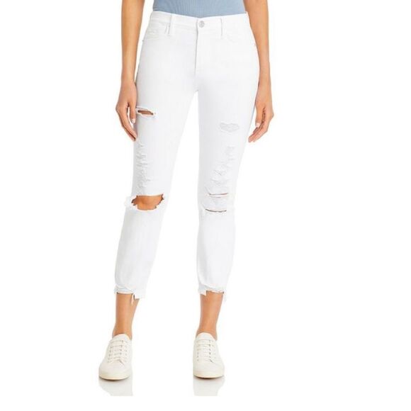 Frame Le High Straight Leg Distressed White Jeans chewed hem NWT 31 - Picture 1 of 8